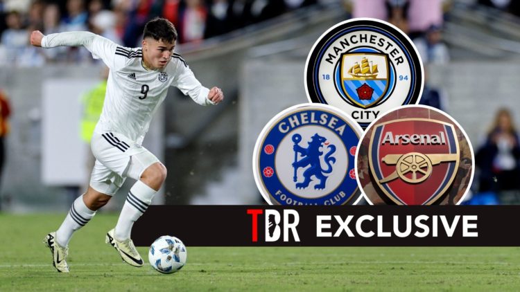 Manfred Ugalde with Arsenal, Chelsea and Manchester City badges