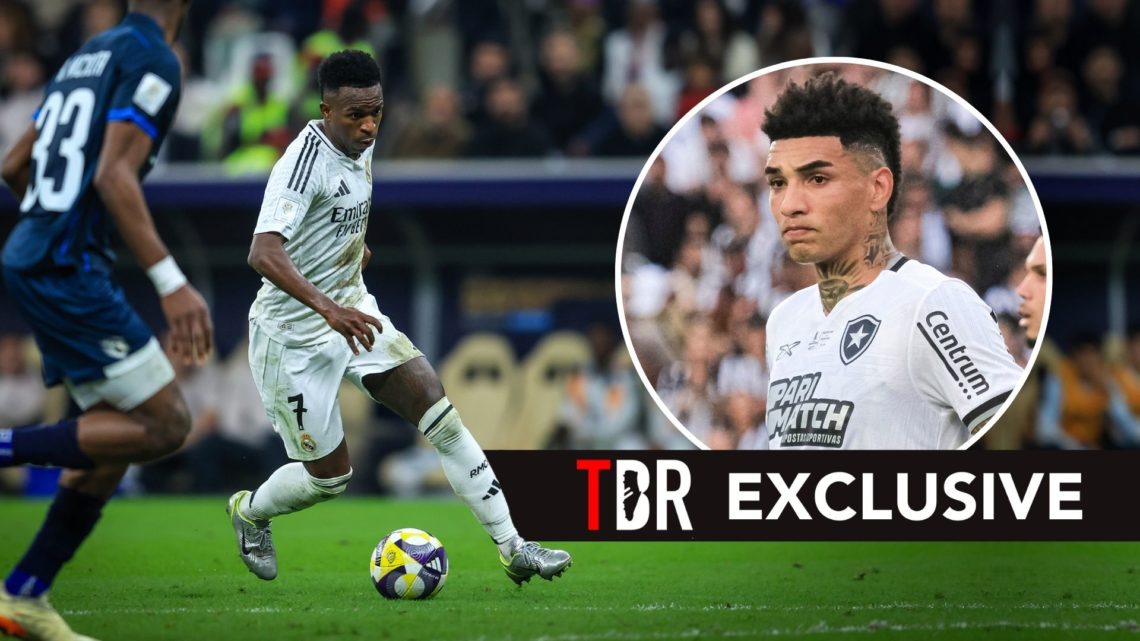 Vinicius Junior of Real Madrid participates in the FIFA Intercontinental Cup Qatar 2024 match between Real Madrid and CF Pachuca. Inset, Igor Jesus.