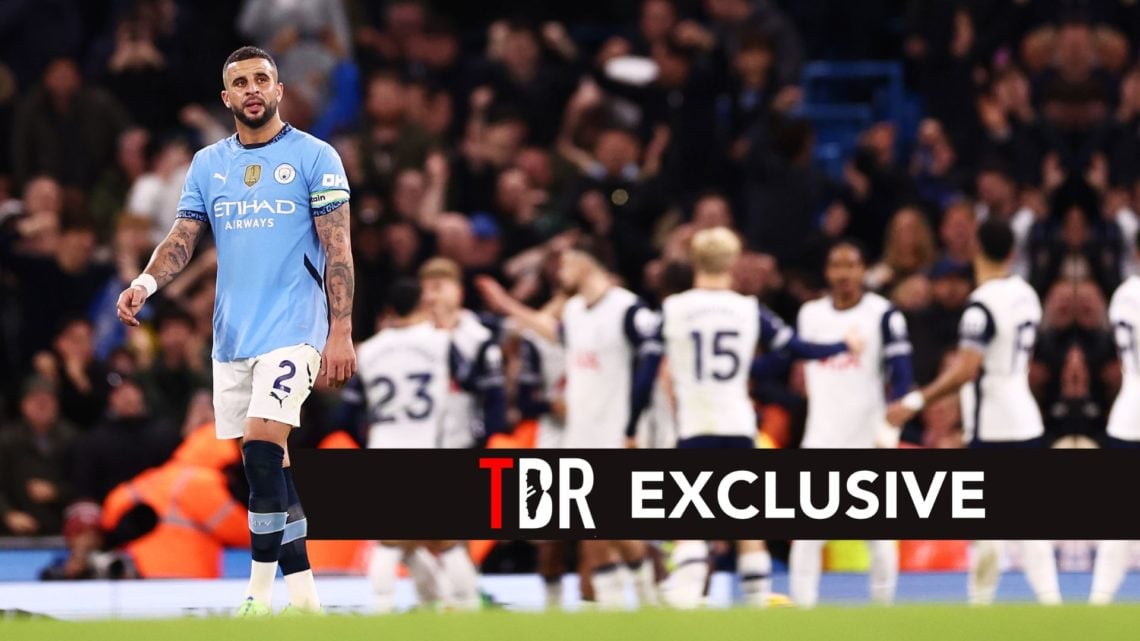 Kyle Walker of Manchester City looks dejected after Brennan Johnson of Tottenham Hotspur (not pictured) scores his team's fourth goal during the Pr...