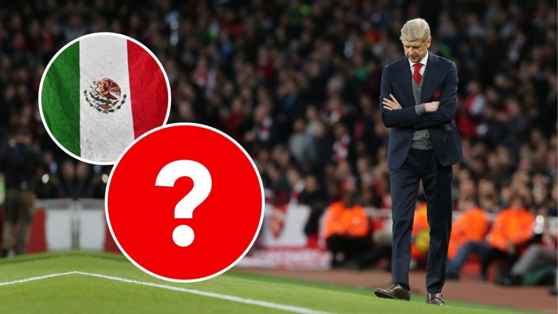 A dejected Arsenal manager Arsene Wenger during the UEFA Europa League Semi Final leg one match. Inset, question mark and a Mexican flag.