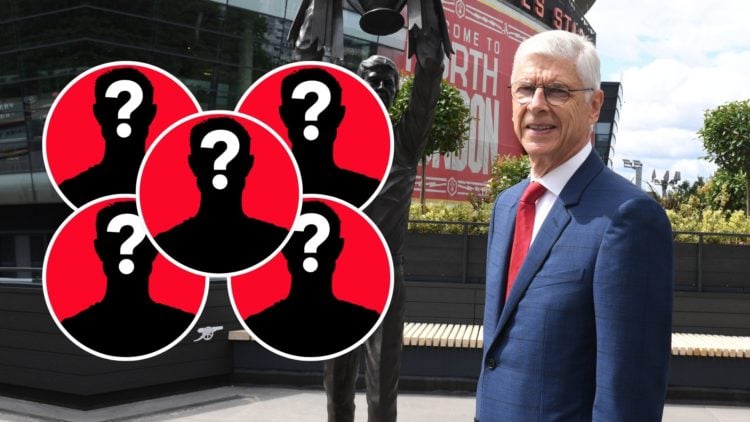 Former Arsenal manager Arsene Wenger with his recently unveiled statue at Emirates Stadium. Inset, five mystery players.