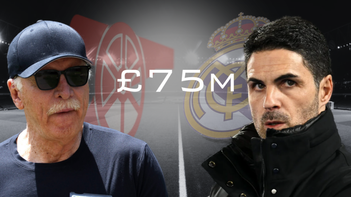 Mikel Arteta, Stan Kroenke, Arsenal badge, Real Madrid badge, Emirates Stadium