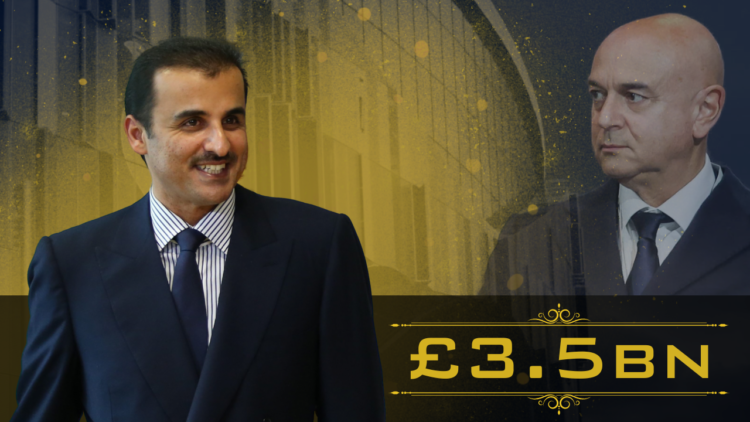 Sheikh Tamin bin Hamad Al Thani, Daniel Levy and the exterior of the Tottenham Hotspur Stadium