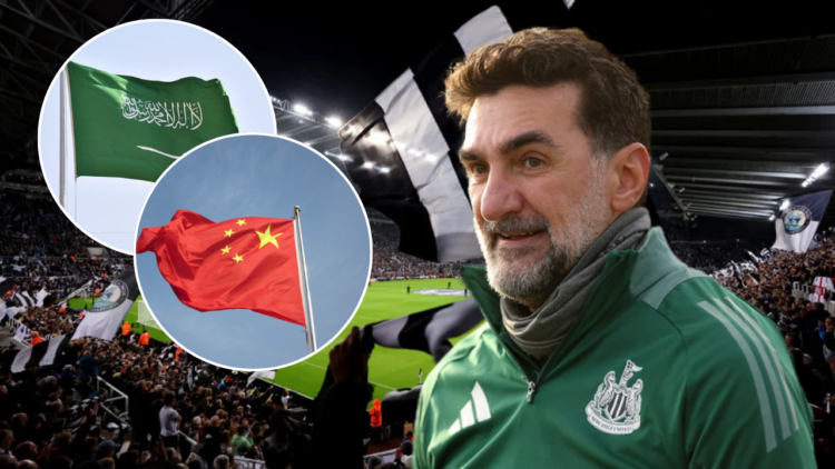 Saudi Arabia Flag, China flag, Newcastle United and PIF governor Yasir Al-Rumayyan, St James' Park