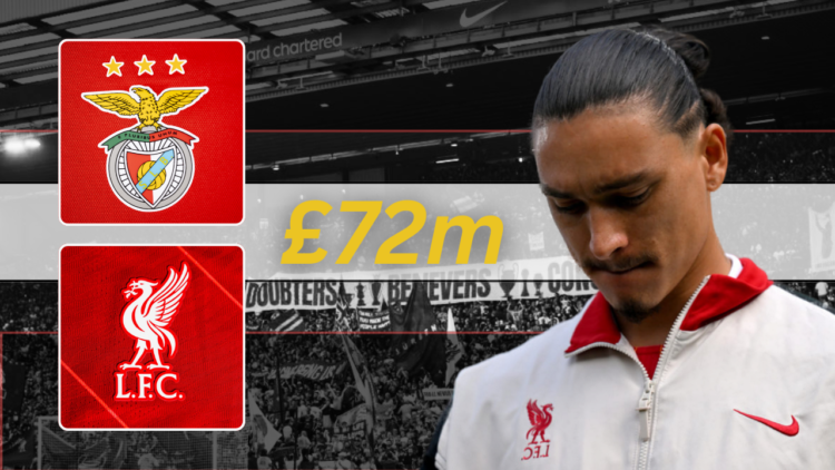 Darwin Nunez, Liverpool badge, Benfica badge, Anfield