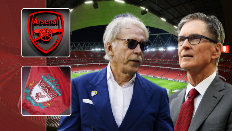 Stan Kroenke, FSG boss John Henry, Liverpool badge, Arsenal badge, Emirates Stadium