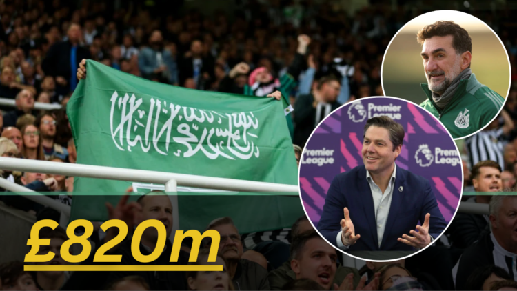 Saudi Arabia flag, PIF governor and Newcastle United chairman Yasir Al-Rumayyan, and Premier League chairman Richard Masters