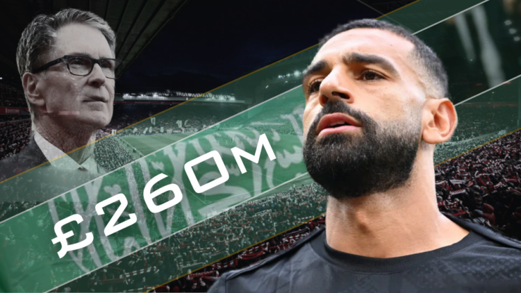 Mohamed Salah, Liverpool badge, Saudi flag, FSG owner John Henry, Anfield