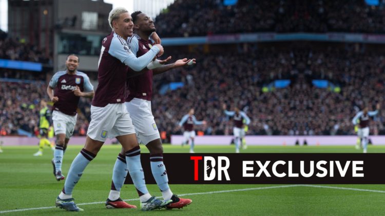Jhon Duran of Aston Villa celebrates scoring his team's first goal with teammate Morgan Rogers during the Premier League match between Aston Villa ...