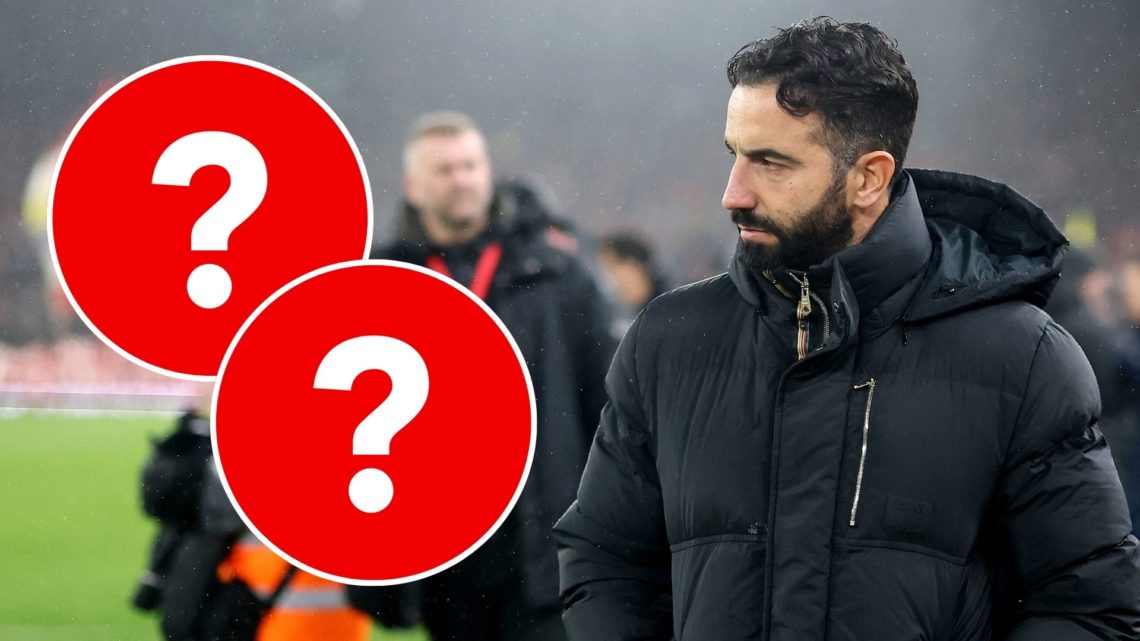 Ruben Amorim alongside two question mark insets