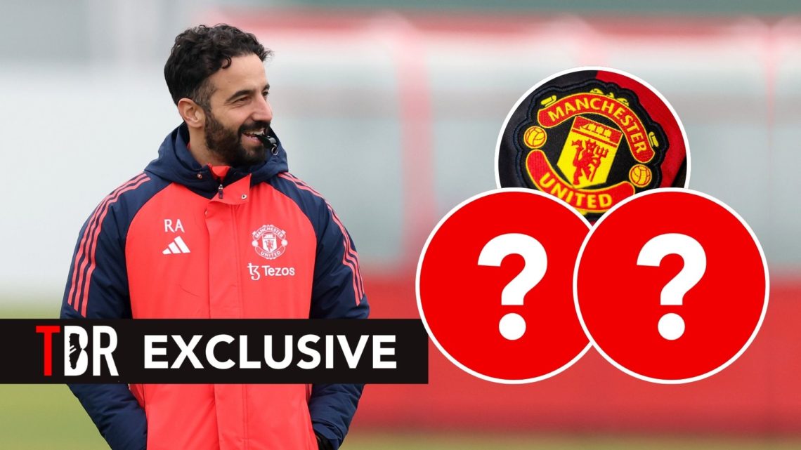 Ruben Amorim. Inset, two question marks and a Manchester United badge.