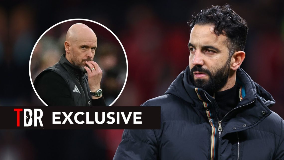 Ruben Amorim looks concerned. Inset, Erik ten Hag also looking concerned/thoughtful.
