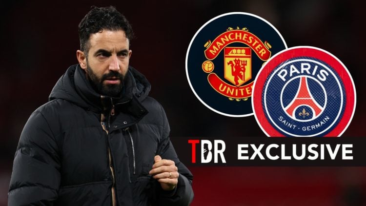 Ruben Amorim with insets of Manchester United and PSG badges