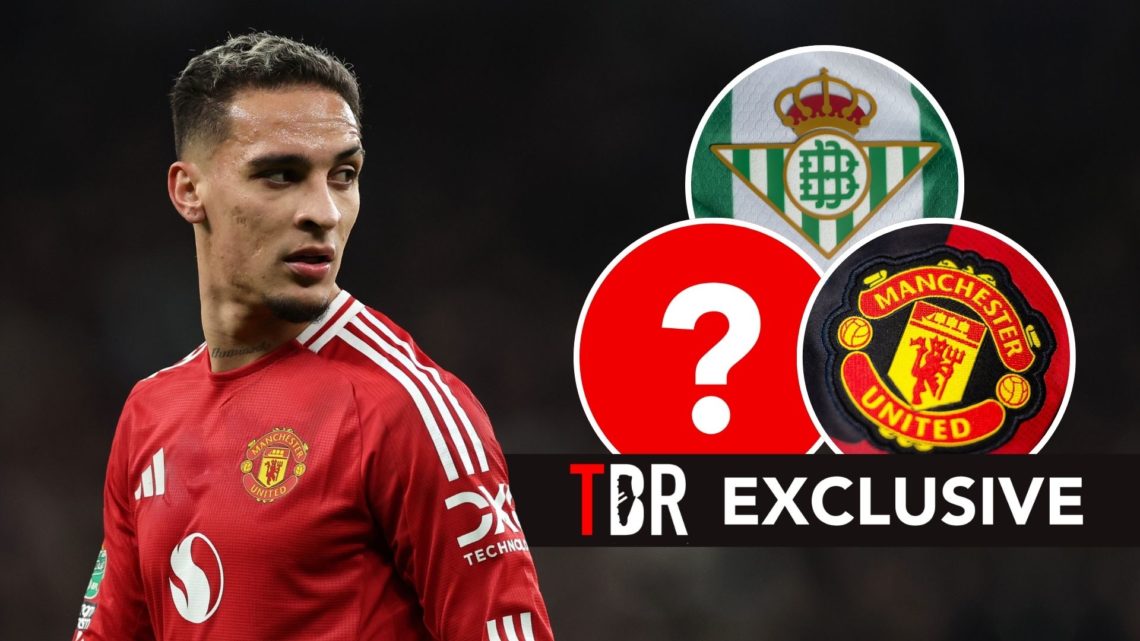 Antony with insets of the Manchester United and Real Betis badges and a question mark