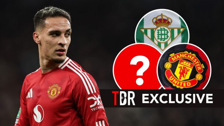 Antony with insets of the Manchester United and Real Betis badges and a question mark