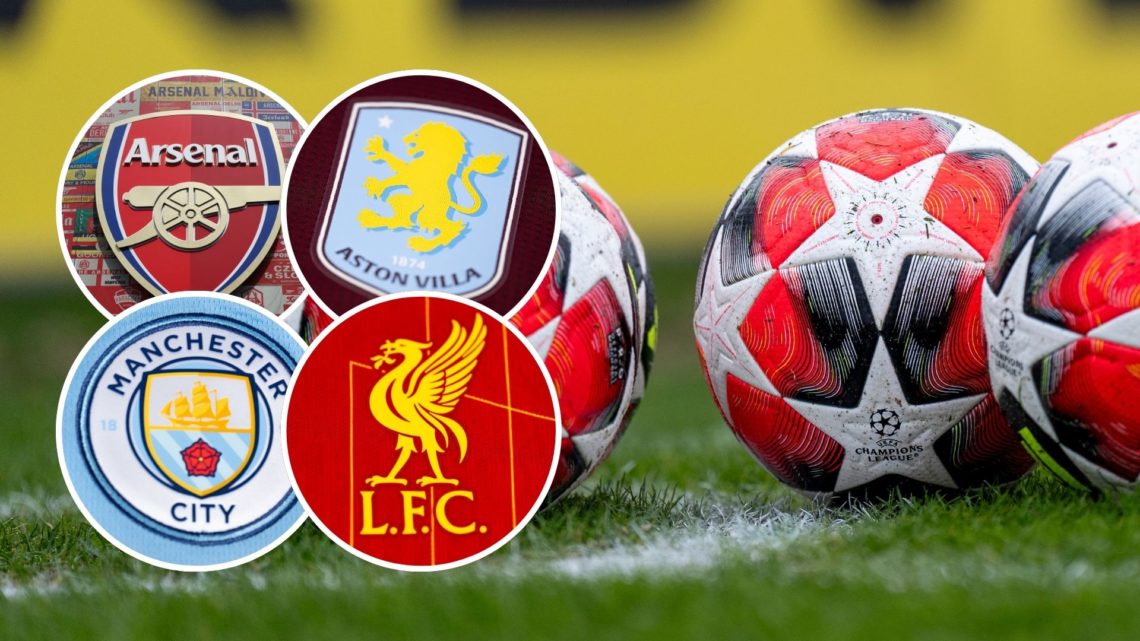 Champions League ball. Inset, Aston Villa, Liverpool, Arsenal and Manchester City badges.