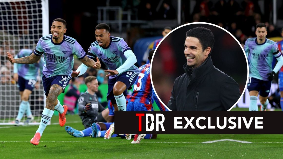 Arsenal players looking excited, along with Mikel Arteta smiling in a circle