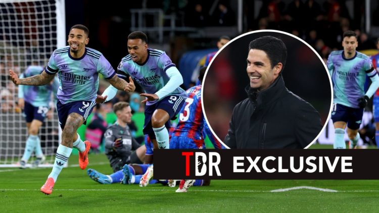 Arsenal players looking excited, along with Mikel Arteta smiling in a circle