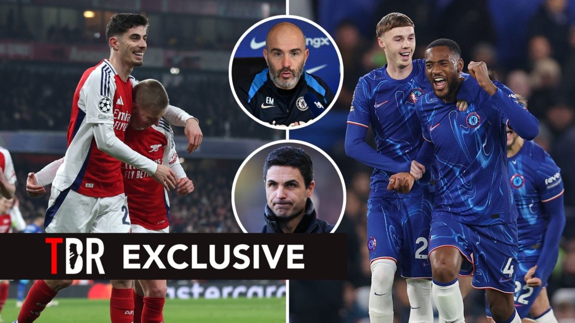 Arsenal players and Chelsea players. Inset, Mikel Arteta and Enzo maresca.