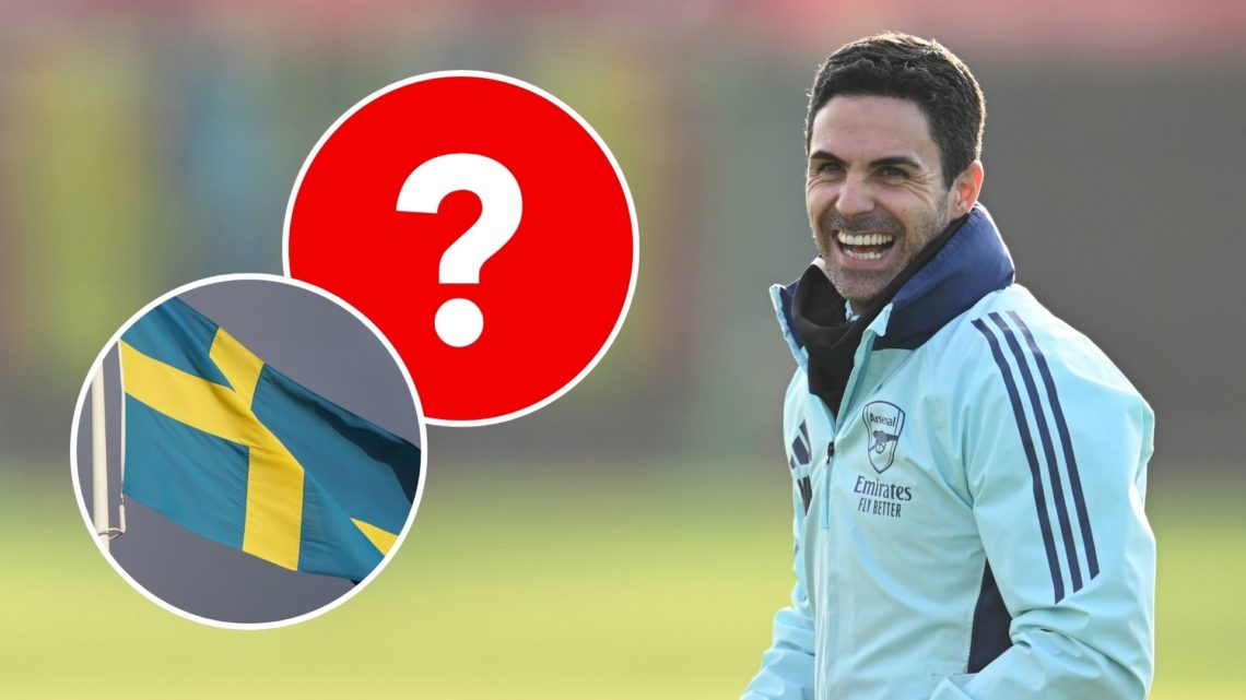 Mikel Arteta. Inset, the Swedish flag and a question mark.