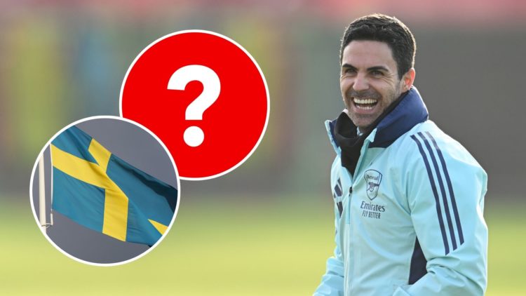 Mikel Arteta. Inset, the Swedish flag and a question mark.