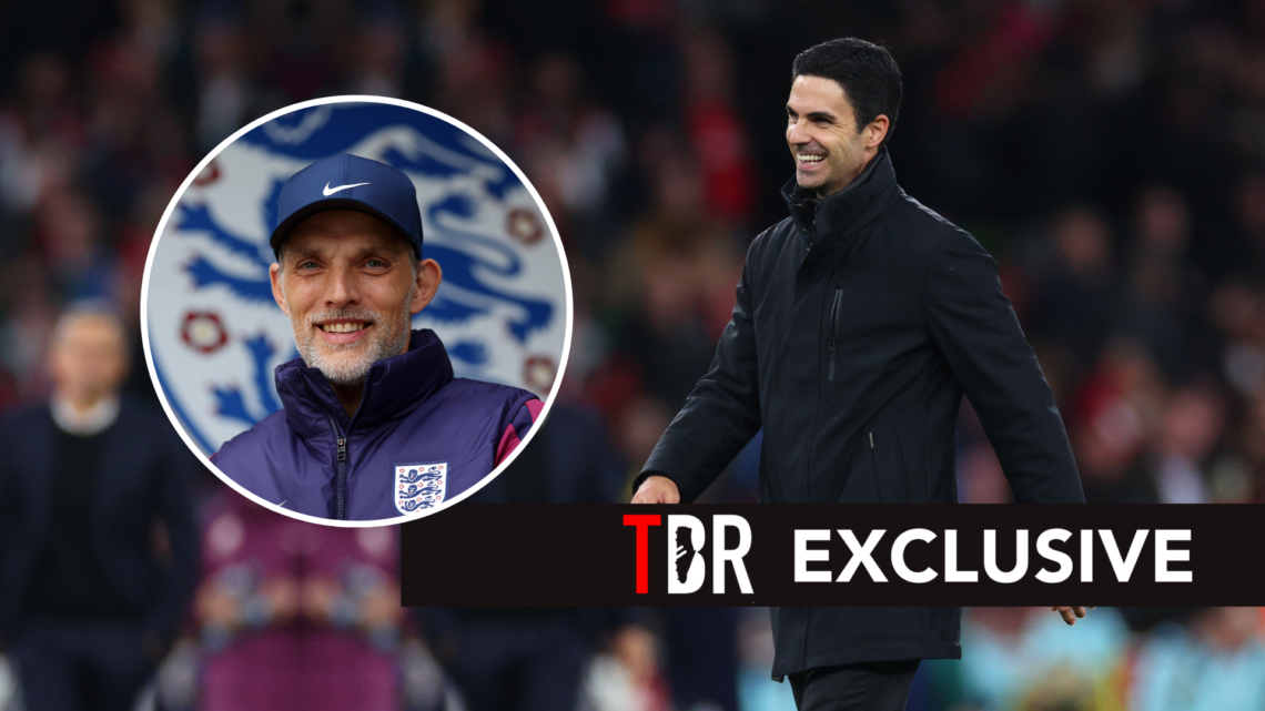 TBR Exclusive Arteta looking happy alongside an inset of Thomas Tuchel