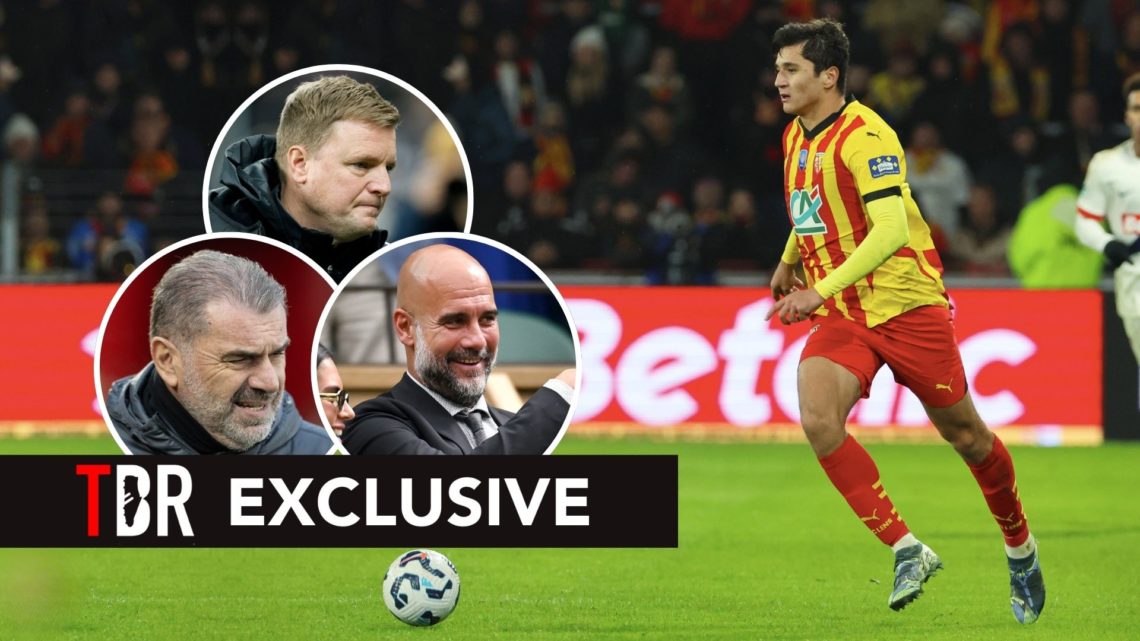 Eddie Howe and Ange Postecoglou looking angry and another one of Pep Guardiola smiling around an image of Abdukodir Khusanov