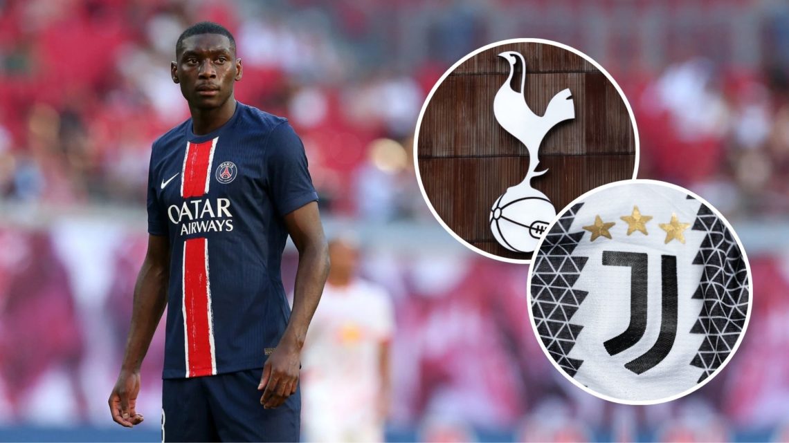 Randal Kolo Muani. Inset, Tottenham and Juventus badges.