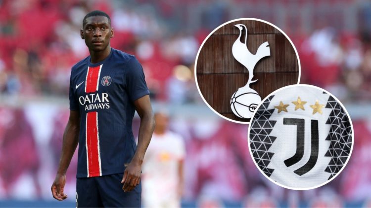 Randal Kolo Muani. Inset, Tottenham and Juventus badges.
