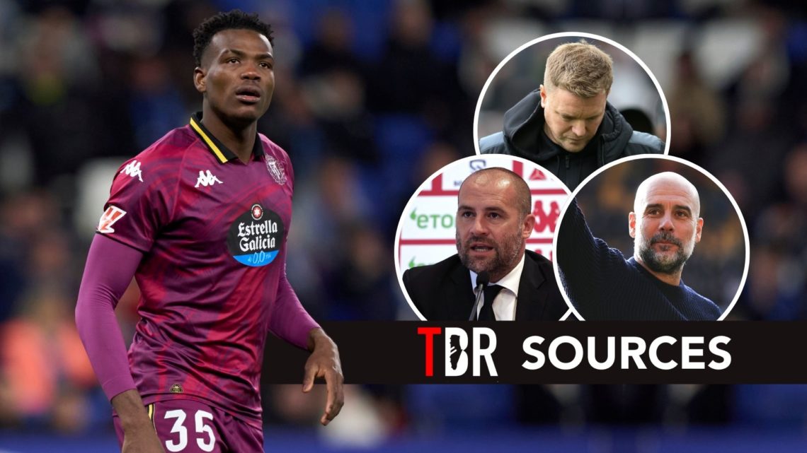 Juma Bah. Inset, Pep Guardiola, Paul Mitchell, and Eddie Howe.