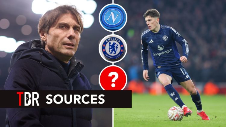 Antonio Conte and Alejandro Garnacho with insets of the Napoli and Chelsea badges with a question mark
