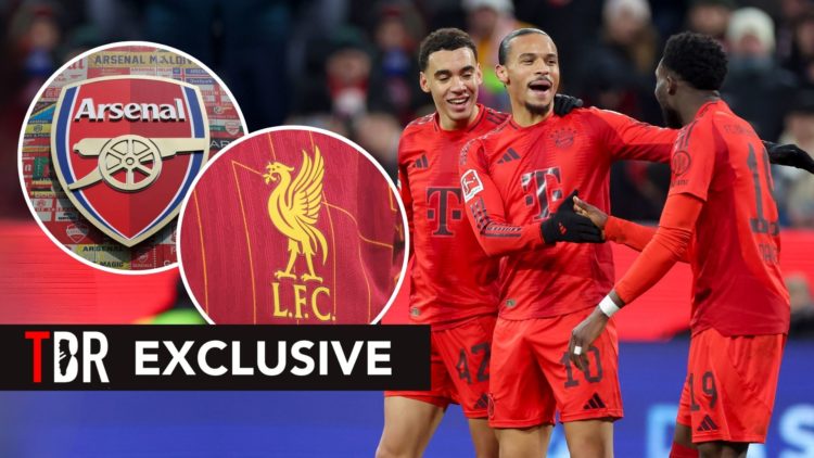 Leroy Sane of Bayern Muenchen celebrates after scoring his teams fourth goal with Jamal Musiala of Bayern Muenchen and Alphonso Davies of Bayern Mu...