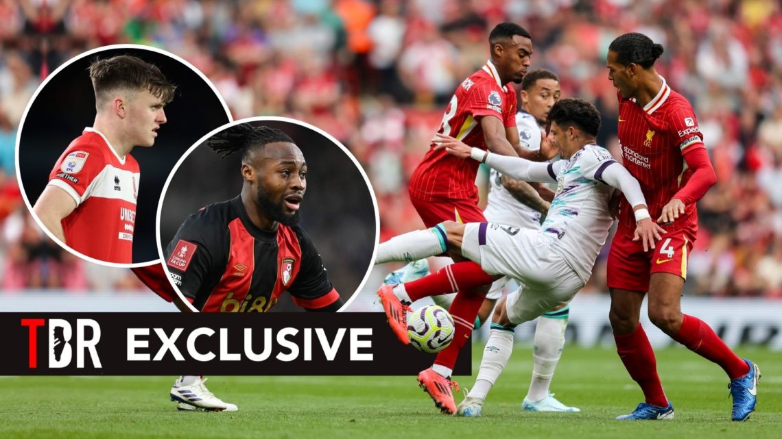 Ben Doak and Antoine Semenyo in circles besides a photo of Liverpool vs Bournemouth from the 2024/2025 season.