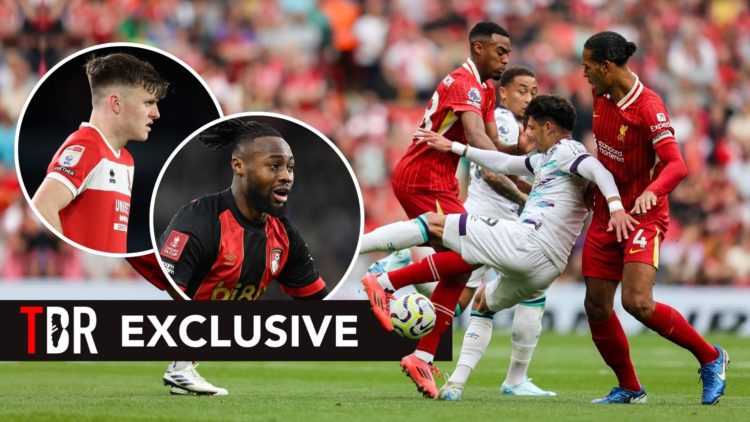 Ben Doak and Antoine Semenyo in circles besides a photo of Liverpool vs Bournemouth from the 2024/2025 season.