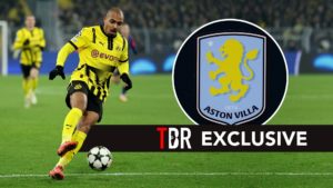 Donyell Malen. Inset, Aston Villa badge.