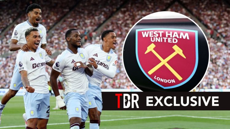 Jhon Duran of Aston Villa celebrates scoring his team's second goal with teammates. Inset, the West Ham badge.