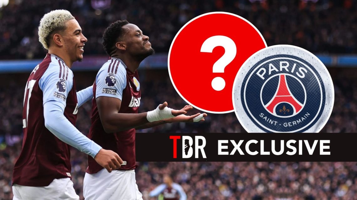 Jhon Duran and Morgan Rogers. Inset, PSG badge and a question mark.