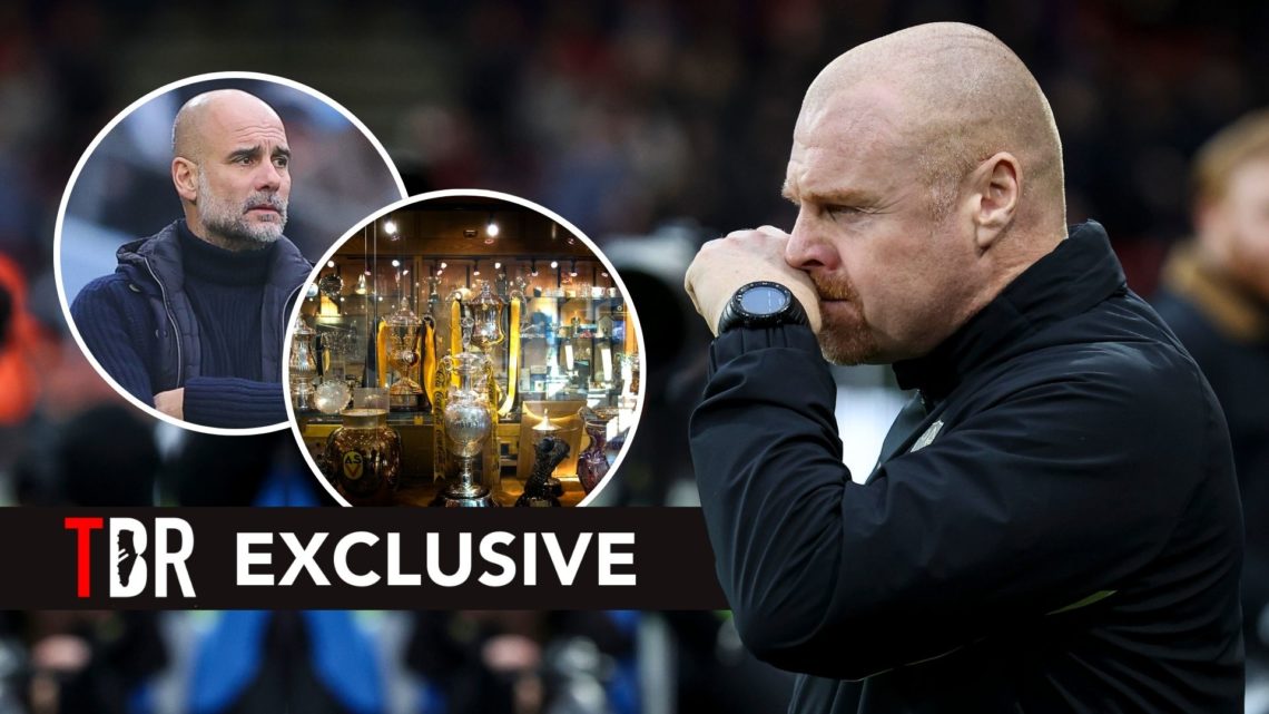 Sean Dyche. Inset, Pep Guardiola and a trophy display case.