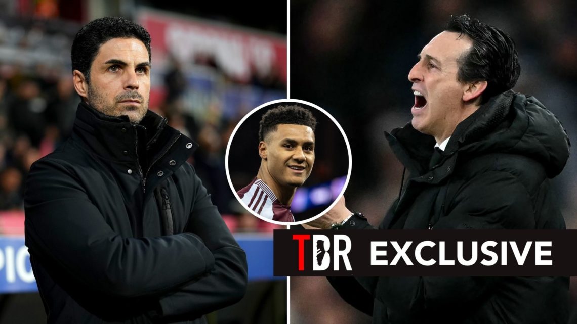 Split image of Mikel Arteta and Unai Emery. Inset, Ollie Watkins.