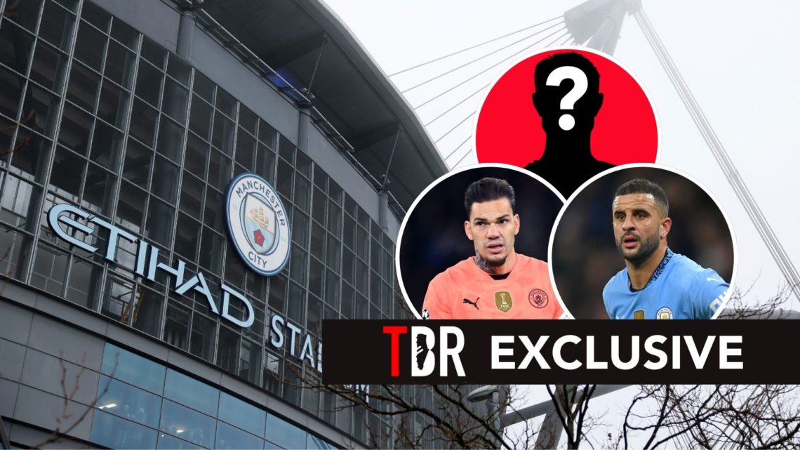 Ederson, Kyle Walker and a question mark in circles above the Etihad Stadium