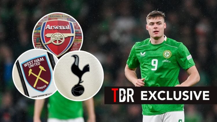Evan Ferguson of Republic of Ireland. Inset, Arsenal, West Ham, and Tottenham badges.