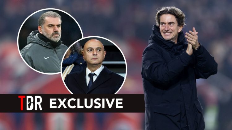 Thomas Frank with insets of Daniel Levy and Ange Postecoglou