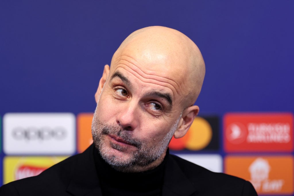 Manchester City manager Pep Guardiola is interviewed post match during the UEFA Champions League 2023/24 round of 16 second leg match between Manch...