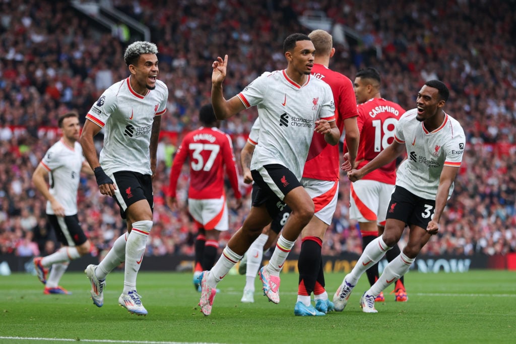 Trent Alexander-Arnold of Liverpool celebrates after scoring a goal, which was later ruled out for offside, following a VAR review during the Premi...