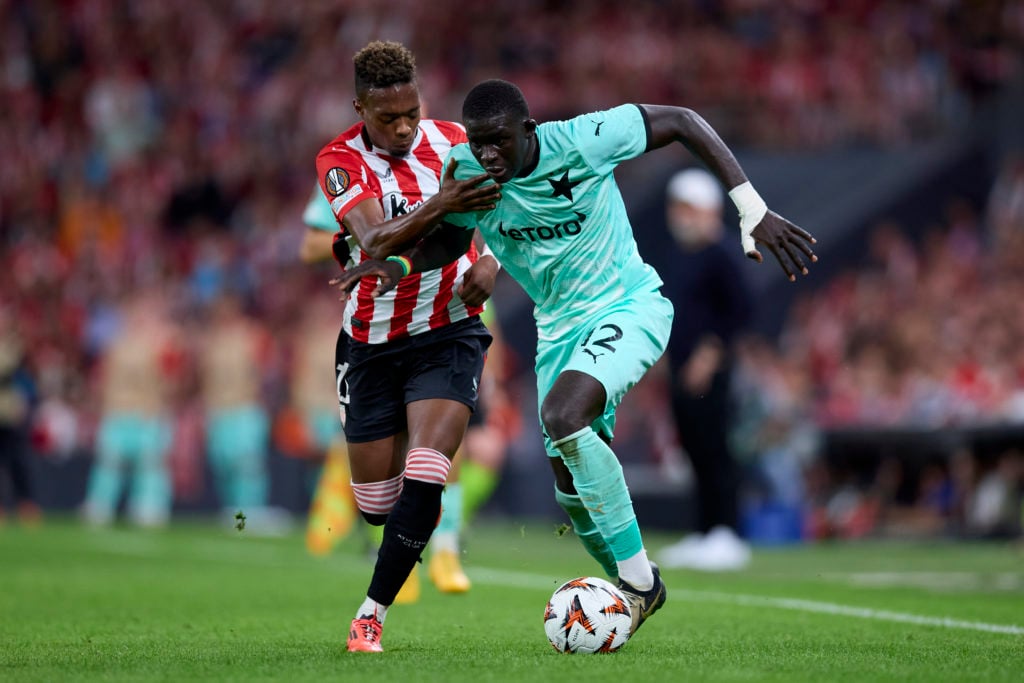 Alvaro Djalo of Athletic Club compete for the ball with El Hadji Malick Diouf SK Slavia Praha during the UEFA Europa League 2024/25 League Phase MD...