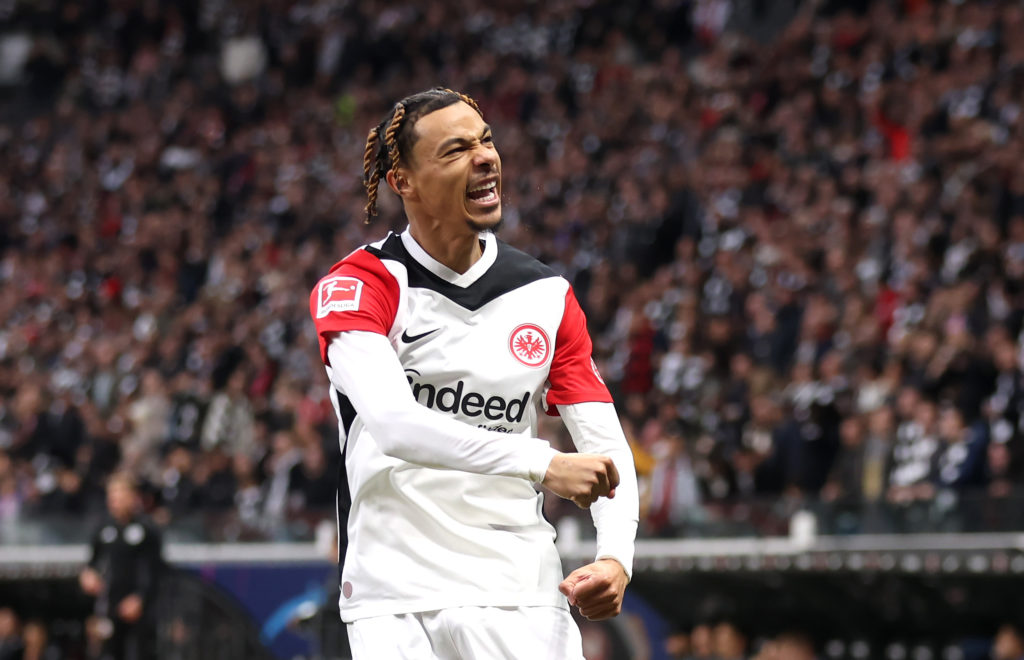 Hugo Ekitike of Eintracht Frankfurt celebrates scoring his team's first goal during the Bundesliga match between Eintracht Frankfurt and VfL Bochum 1848 at Deutsche Bank Park in November 2024