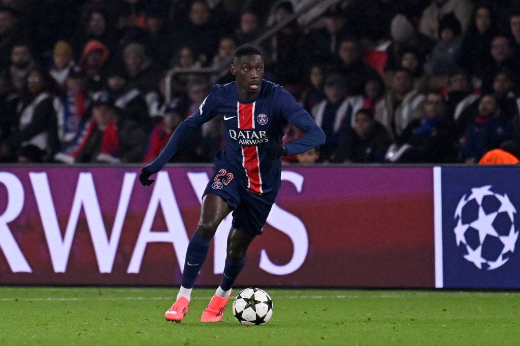 Randal Kolo Muani of Paris Saint-Germain runs with the ball during the UEFA Champions League 2024/25 League Phase MD7 match between Paris Saint-Ger...