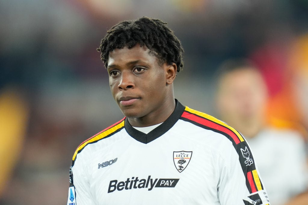 Patrick Dorgu of US Lecce looks on during the Serie A Enilive match between AS Roma and US Lecce at Stadio Olimpico on December 07, 2024 in Rome, I...