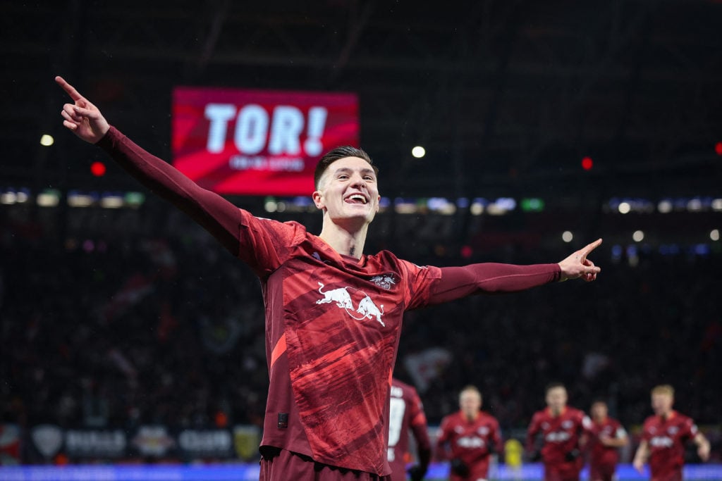 RB Leipzig striker Benjamin Sesko celebrates during FBL-GER-BUNDESLIGA-LEIPZIG-FRANKFURT