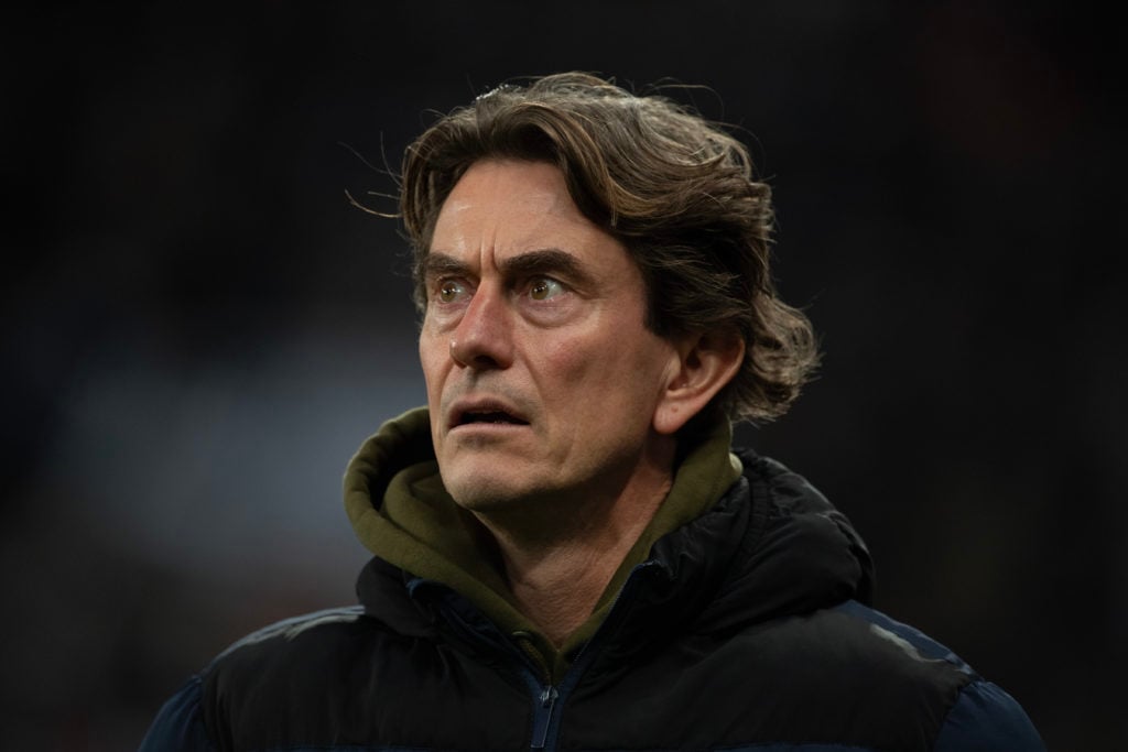 Thomas Frank looking on during a game between Newcastle United and Brentford in the Carabao Cup Quarter Final
